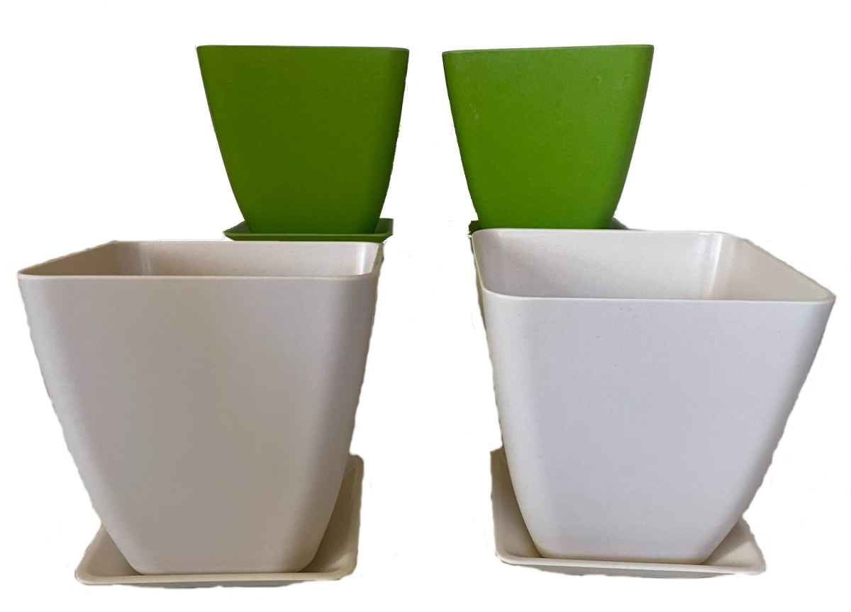 Set 4 Macetero y plato Bio bamboo cuadrado 2 verde 2 blanco 13,3x13,3x12,4 cm5