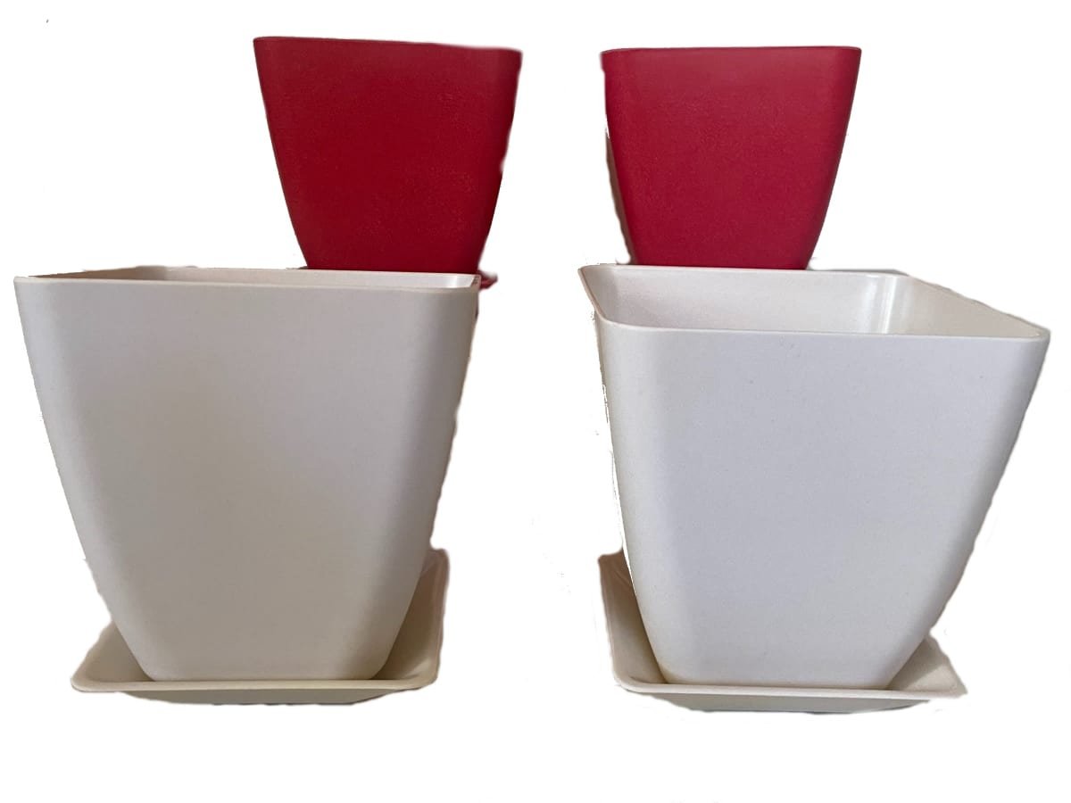 Set 4 Macetero y plato Bio bamboo cuadrado 2 blanco 2 coral 13,3x13,3x12,4 cm4