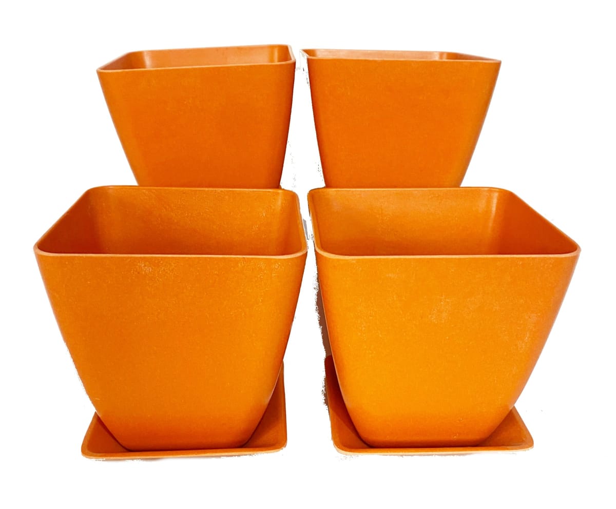 Set 4 Macetero y plato Bio bambú cuadrado 2 blanco 2 naranjo 13,3x13,3x12,4 cm1