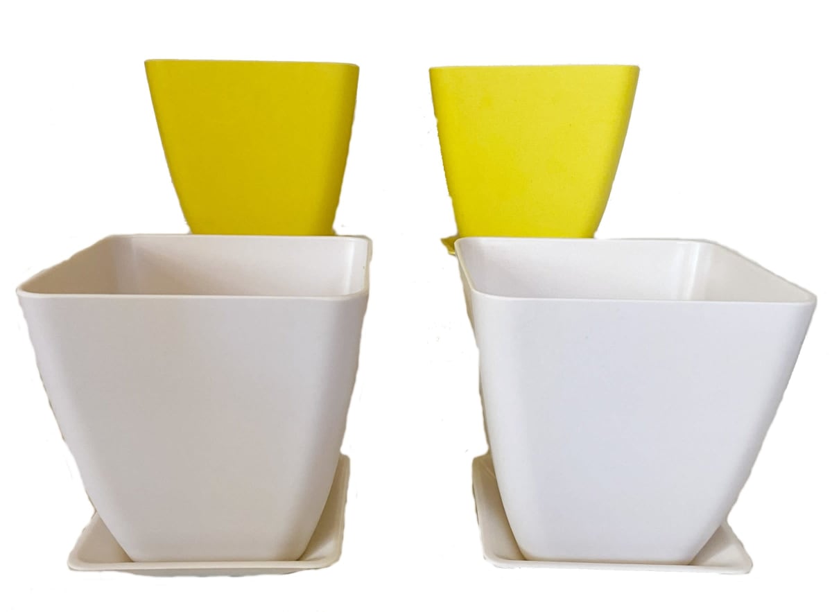 Set 4 Macetero y plato Bio bambú cuadrado 2 blanco 2 amarill 13,3x13,3x12,4 cm13