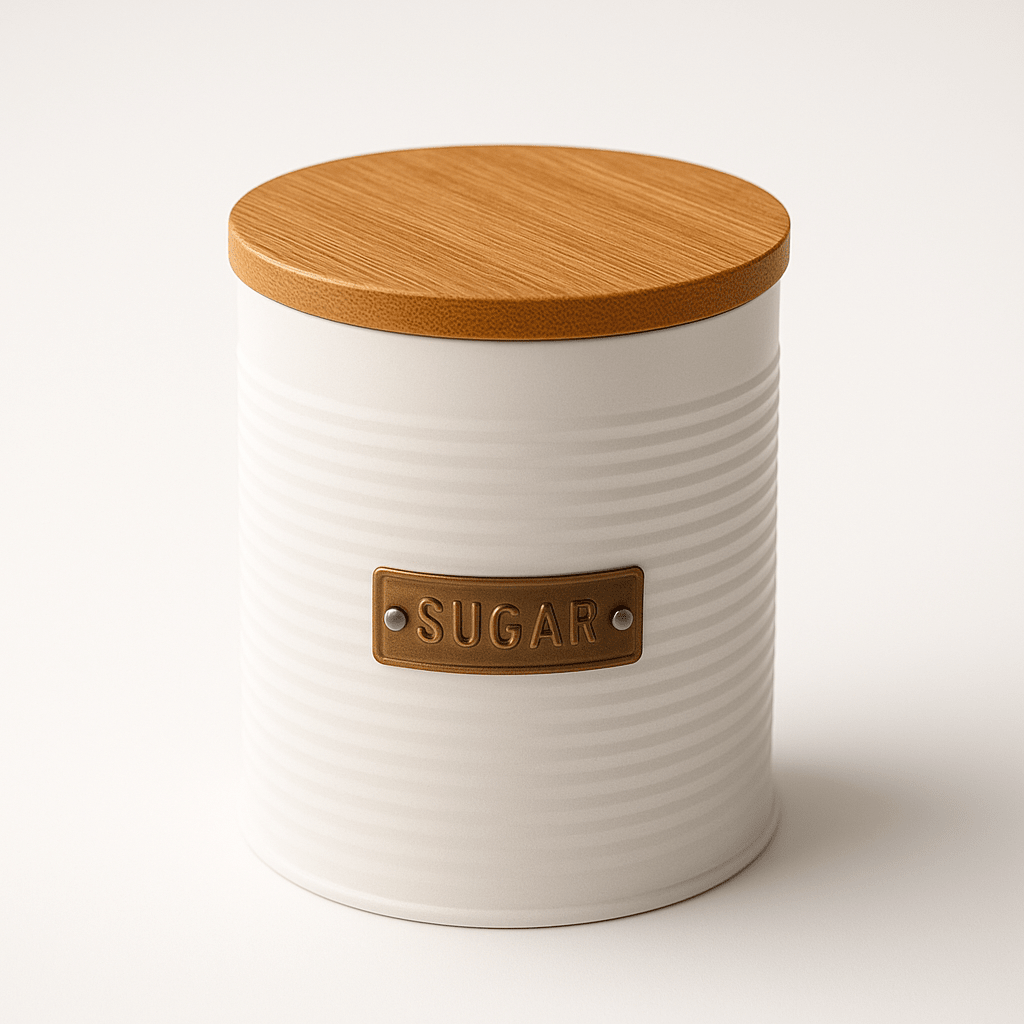 Canister 13X11 Cm Blanco, Placa Dorada Y Tapa De Bamboo Sugar1