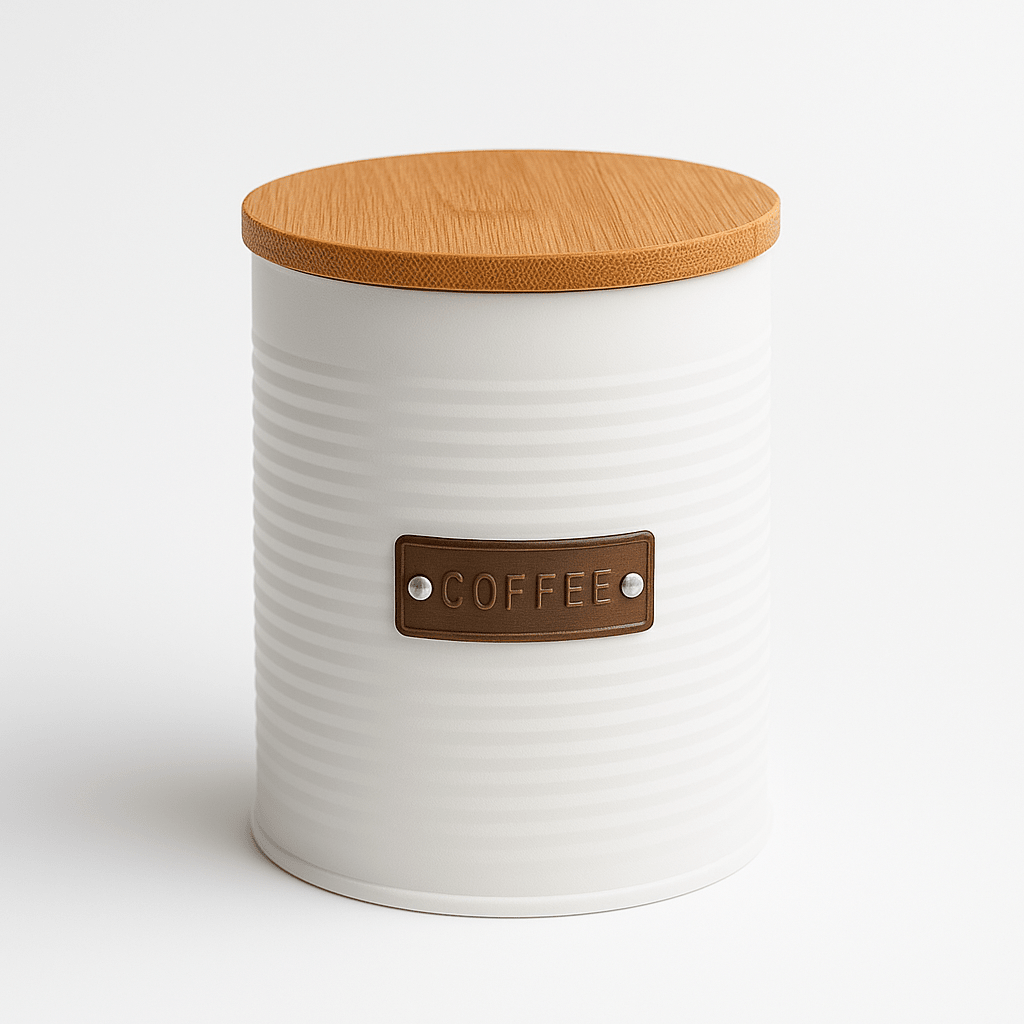 Canister 13X11 Cm Blanco, Placa Dorada Y Tapa De Bamboo Coffee1