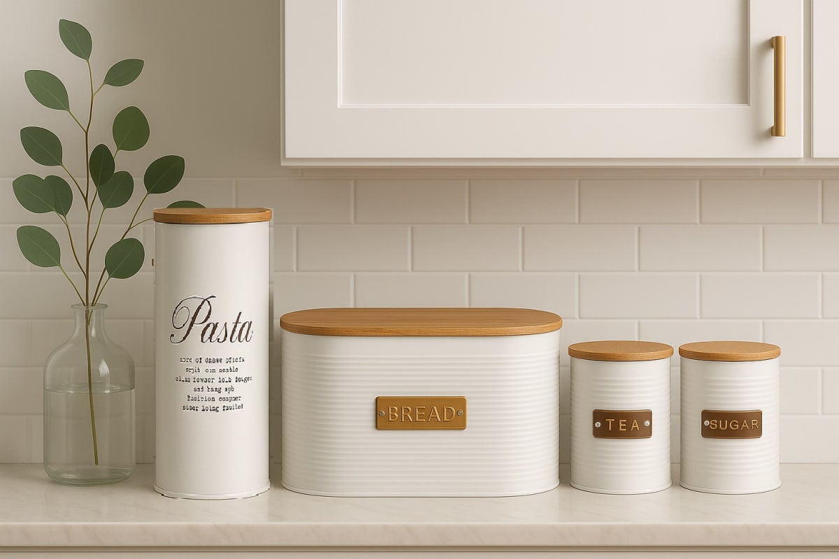 Canister 13X11 Cm Blanco, Placa Dorada Y Tapa De Bamboo Coffee3