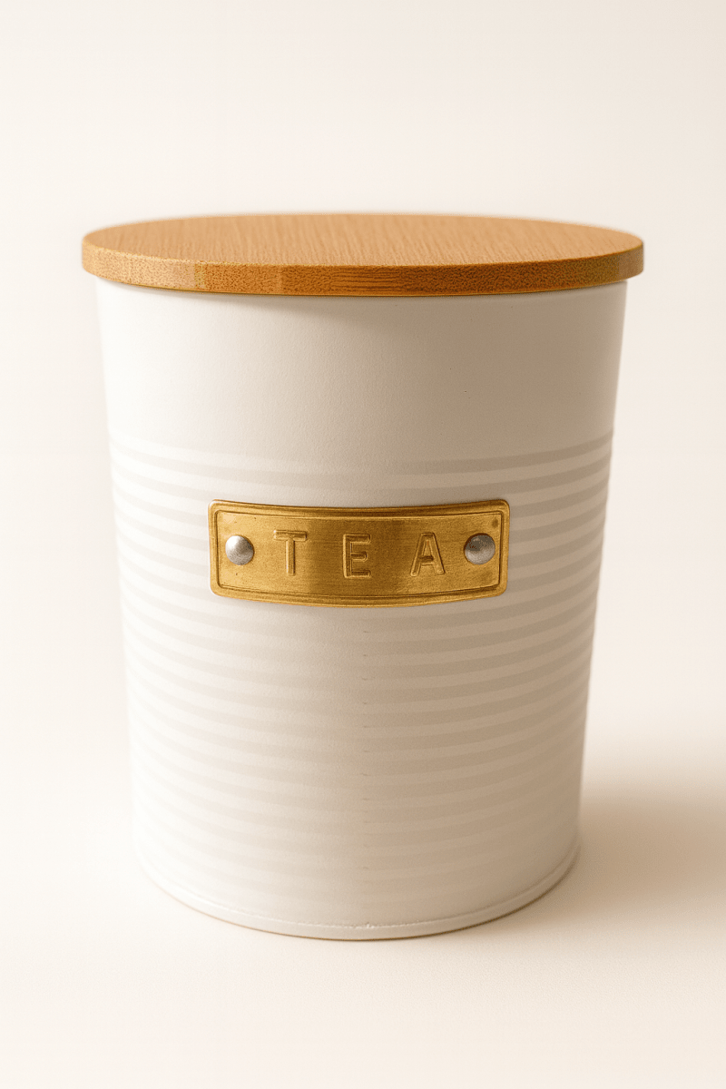 Canister 13X11 Cm Blanco, Placa Dorada Y Tapa De Bamboo Tea1