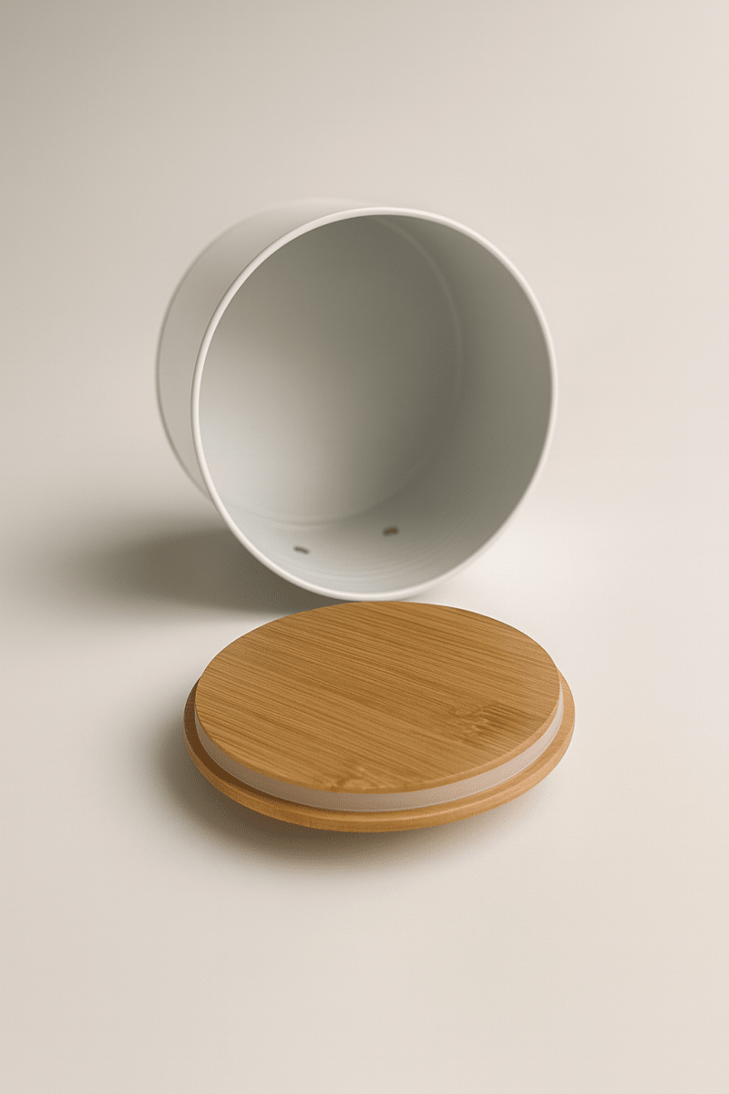 Canister 13X11 Cm Blanco, Placa Dorada Y Tapa De Bamboo Tea2