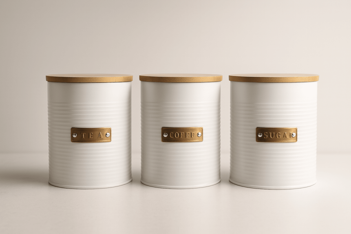 Canister 13X11 Cm Blanco, Placa Dorada Y Tapa De Bamboo Tea3