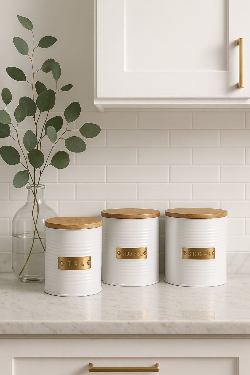 Canister 13X11 Cm Blanco, Placa Dorada Y Tapa De Bamboo Tea4