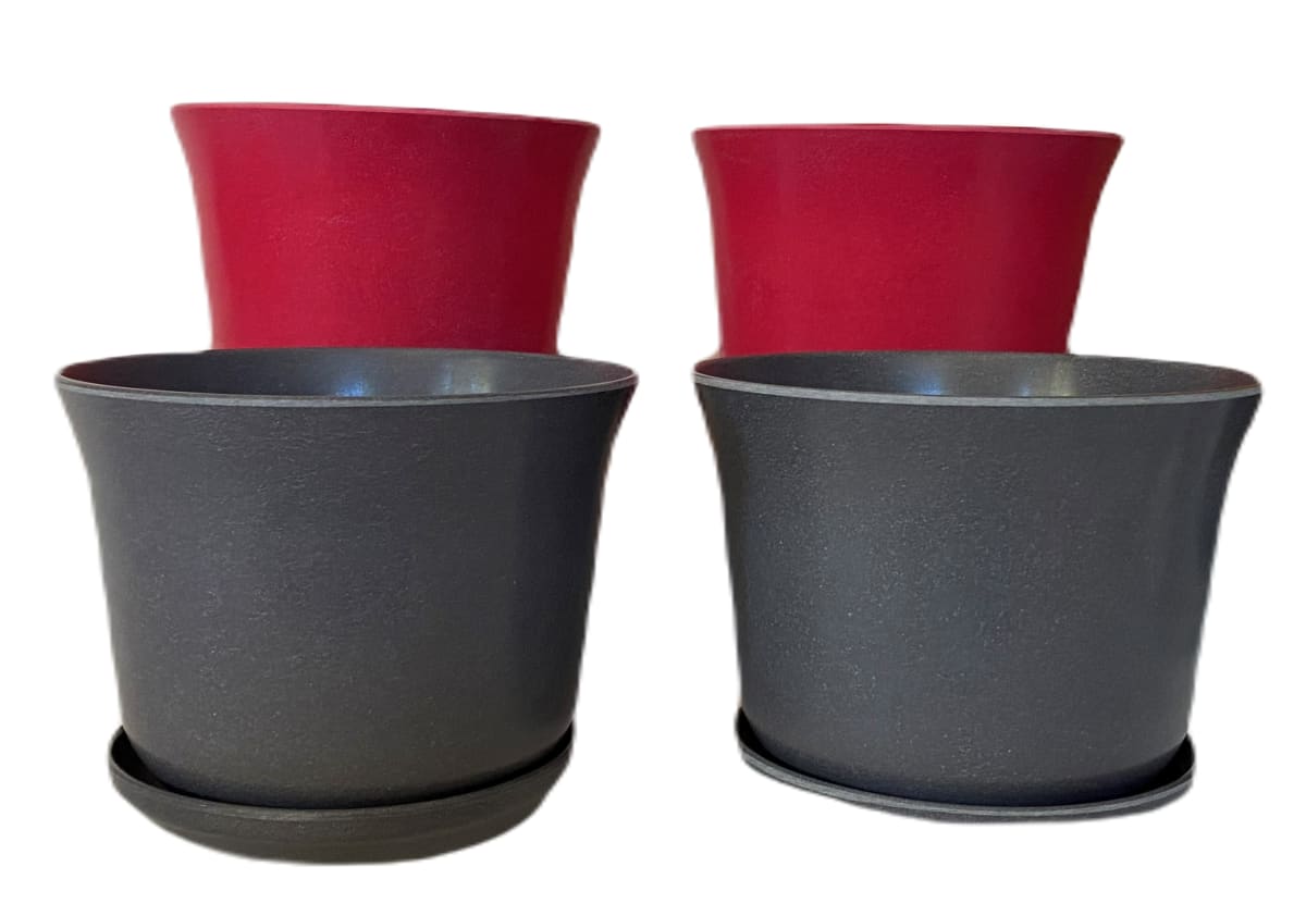 Set 4 Maceteros y platos Bio bamboo Curvo 2 gris 2 purpura 16,5x16,5x13 cm1