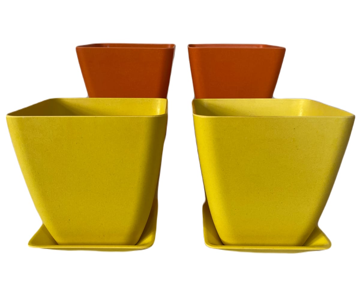 Set 4 Macetero y plato Bio bambú cuadrado 2 naranj 2 amarill 13,3x13,3x12,4 cm1