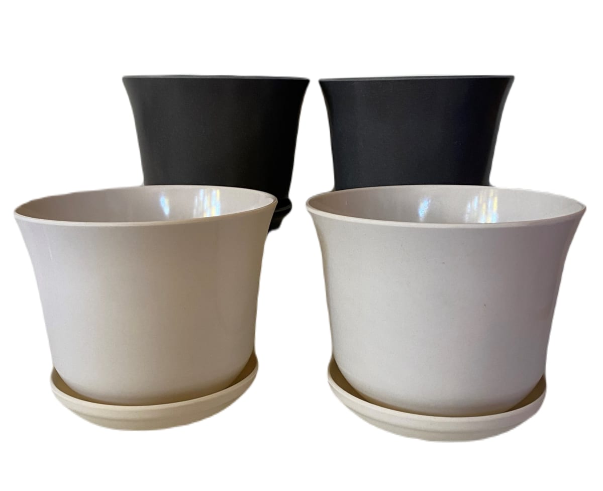 Set 4 Maceteros y platos Bio bamboo Curvo 2 blanco 2 gris 16,5x16,5x13 cm1