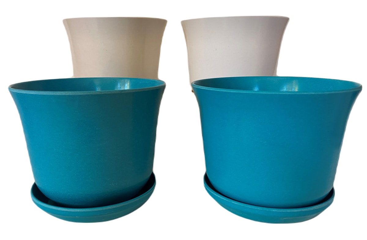 Set 4 Maceteros y platos Bio bamboo Curvo 2 blanco 2 turquesa 16,5x16,5x13 cm2
