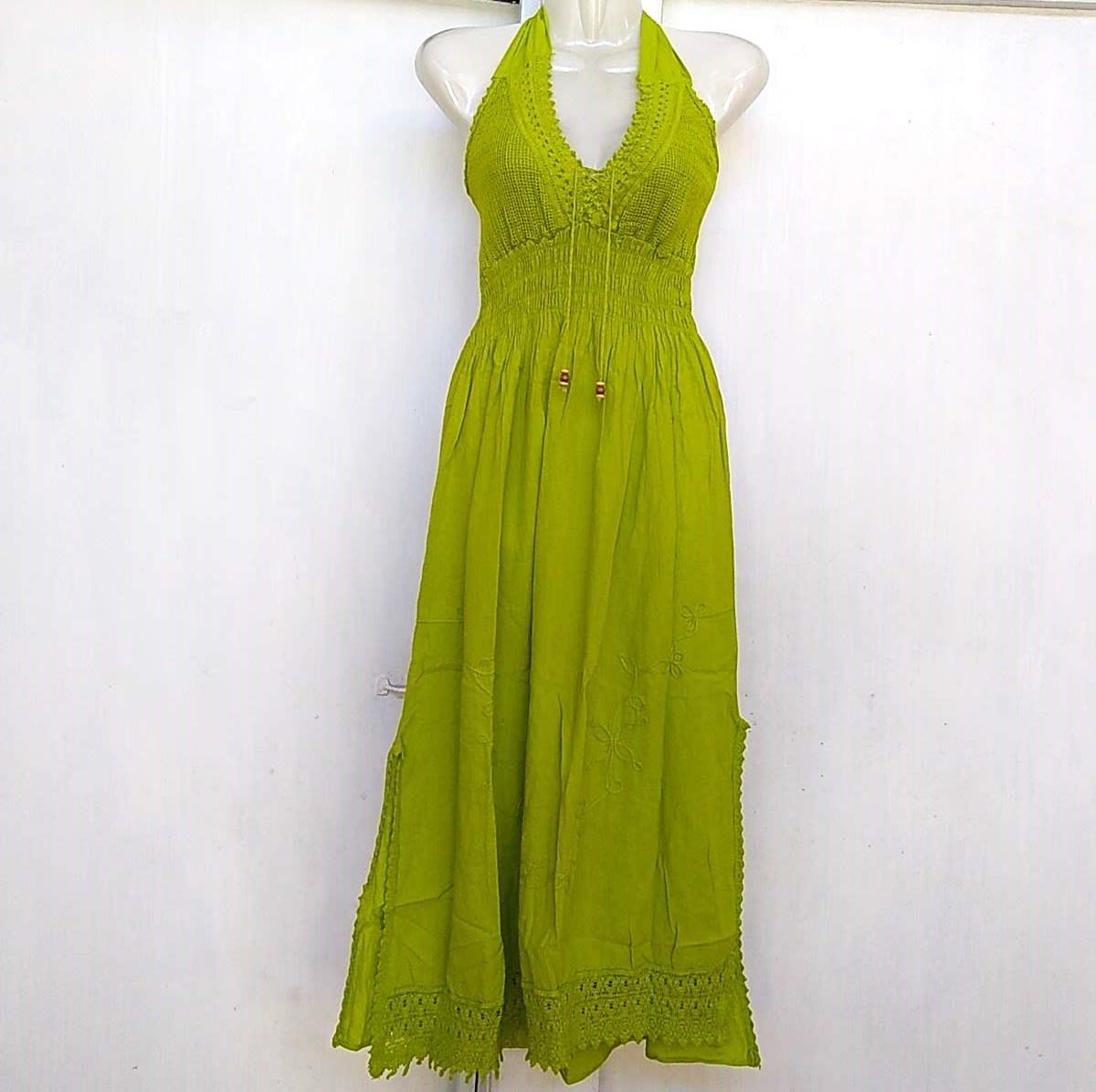 VESTIDO LARGO DE ALGODÓN VERDE LIMÓN AMARRE1