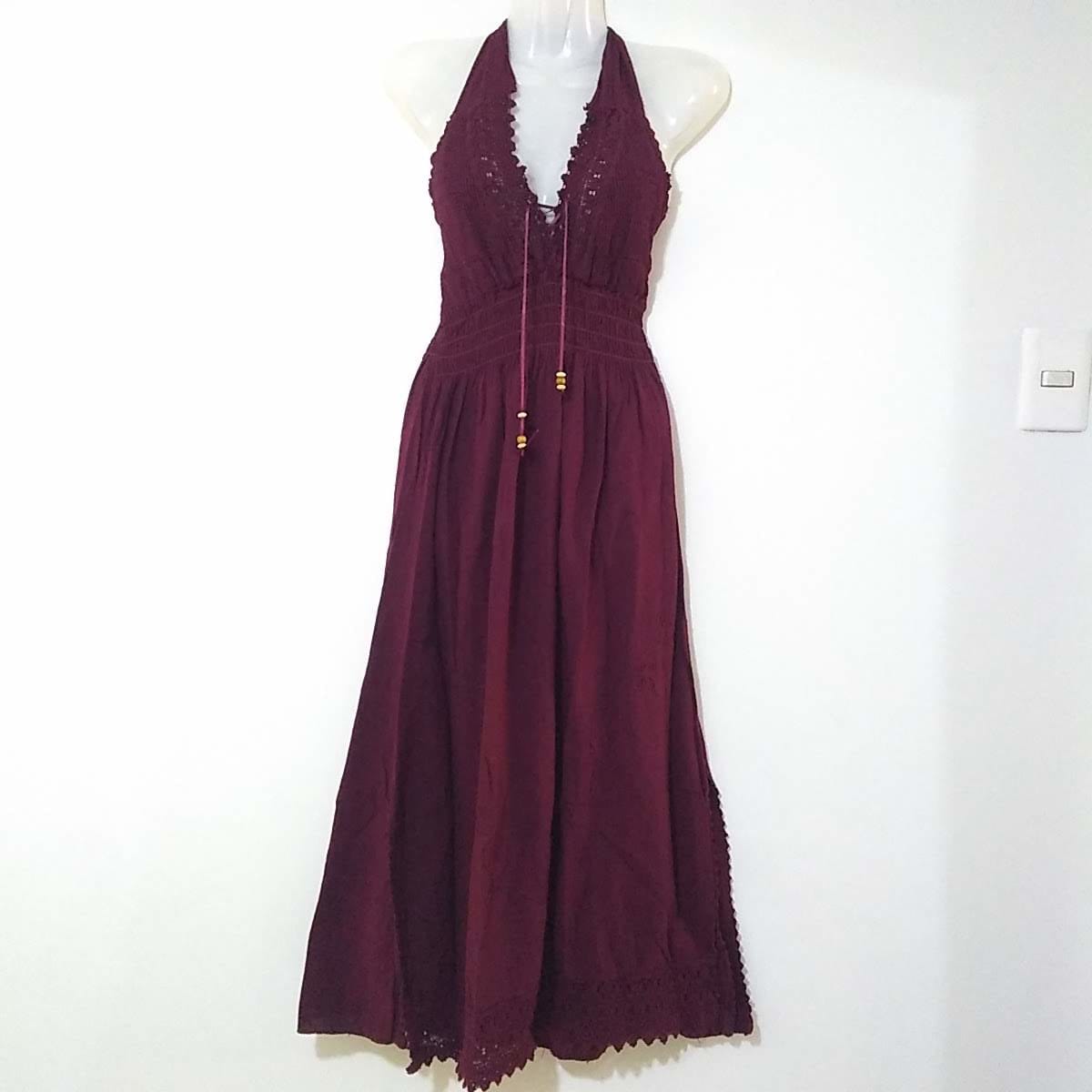 VESTIDO LARGO DE ALGODÓN  AMARRE VINO TINTO1