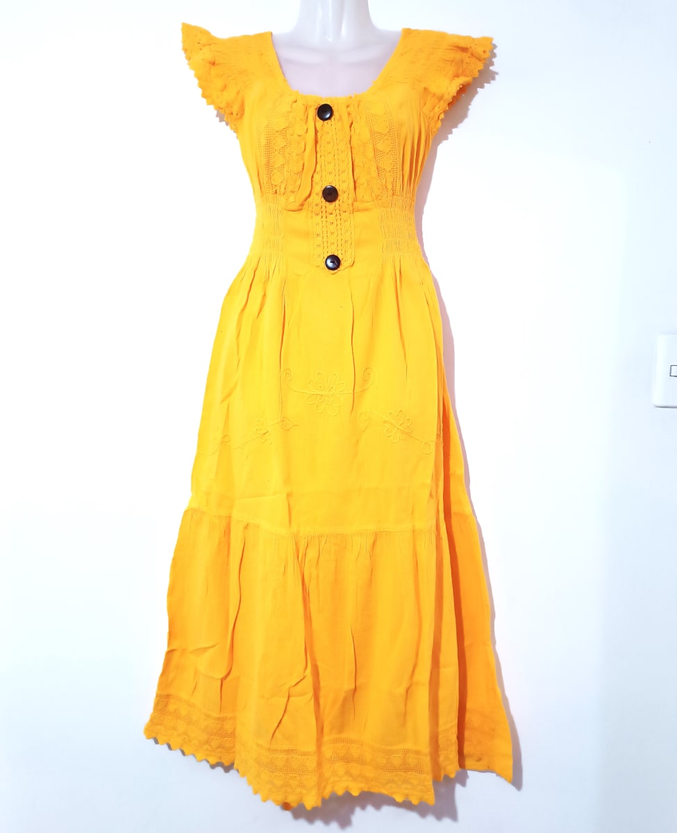 VESTIDO LARGO DE ALGODÓN AMARILLO  REDONDO1