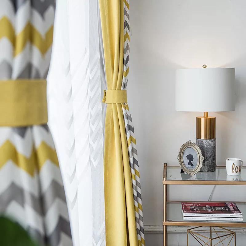Cortina Argollas Bicolor Amarillo Gris Chevron Par | jesshome.cl