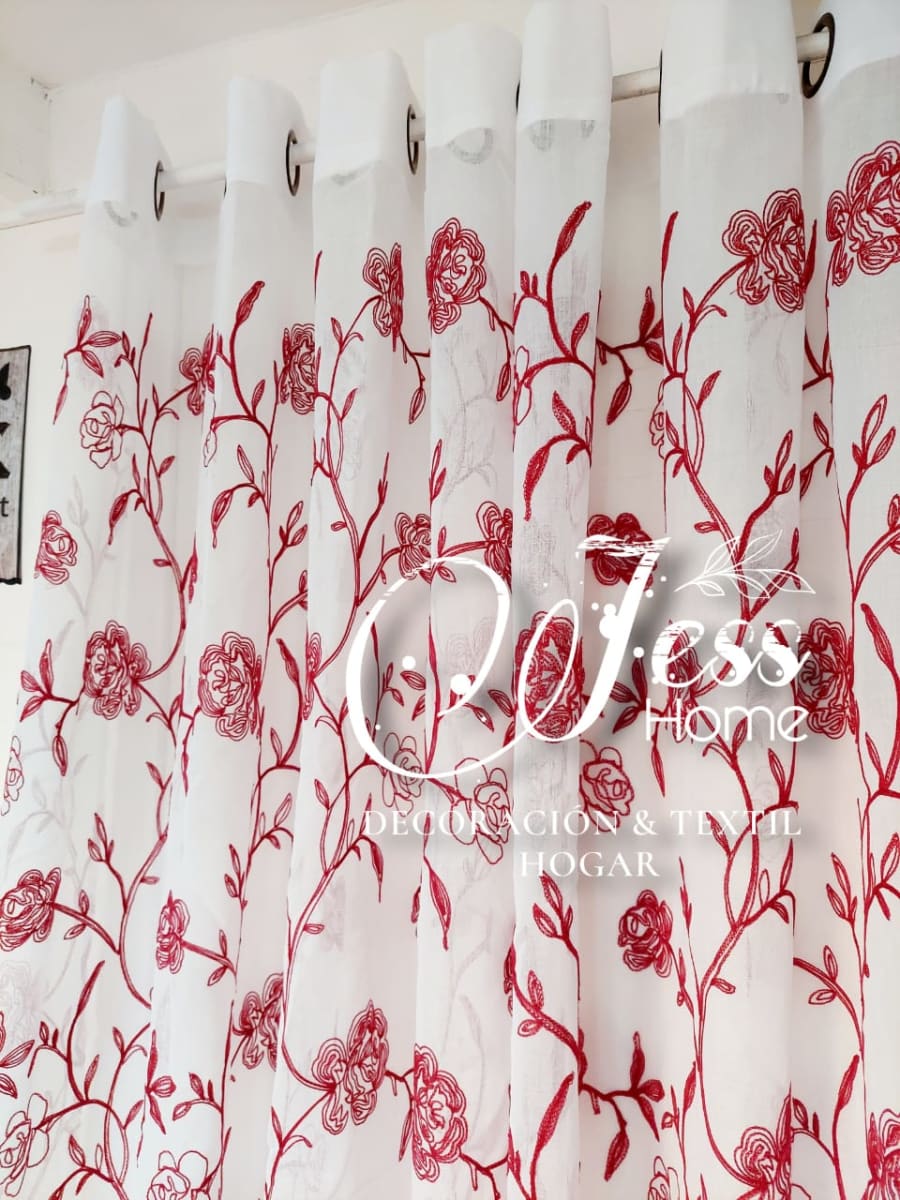 Visillos Bordados Rosas Rojas Par | jesshome.cl