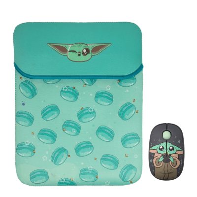 Mouse Inalambrico + Funda para Laptop Reversible Star Wars Baby Yoda Neopreno 15 - 16 pulgadas Mod 31