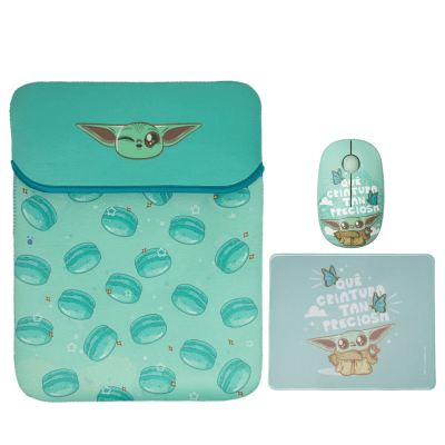 Mouse Inalambrico + Pad Desk 24x20 CM + Funda para Laptop Reversible Star Wars Baby Yoda Neopreno 15 - 16 pulgadas Mod 11