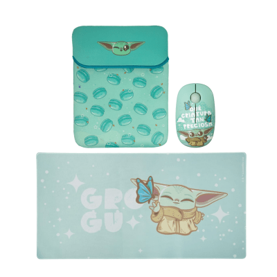 Mouse Inalambrico + Pad Desk 80x40 CM + Funda para Laptop Reversible Star Wars Baby Yoda Neopreno 15 - 16 pulgadas Mod 11