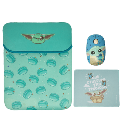 Mouse Inalambrico + Pad Desk 24x20 CM + Funda para Laptop Reversible Star Wars Baby Yoda Neopreno 15 - 16 pulgadas Mod 21