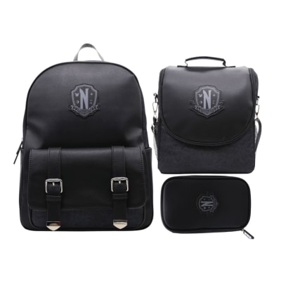 Mochila Oficio +Lonchera + Cartuchera Merlina Addams Negra1