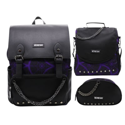 Mochila Oficio + Lonchera + Cartuchera Merlina Addams Morado1