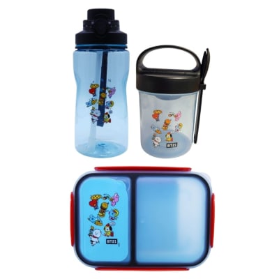 Pack Escolar BTS21 KPOP KAWAI Tomatodo con Cañita 1250ml + Taper con Cuchara 560ml + Taper 1200ml1