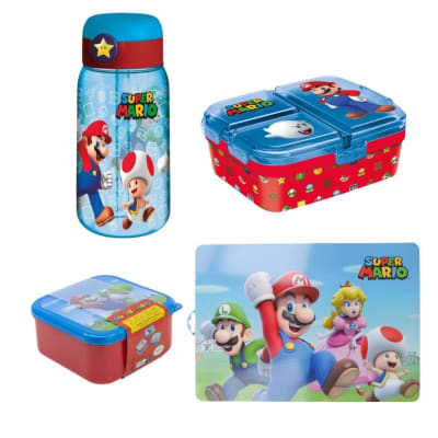 Pack Escolar Mario Bros Tomatodo Botella con Cañita 510ml + Set Tapers Snack + Taper Multiple XL + Individual1