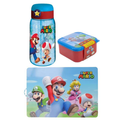 Pack Escolar Mario Bros Tomatodo Botella con Cañita 510ml + Set Tapers Snack + Individual1