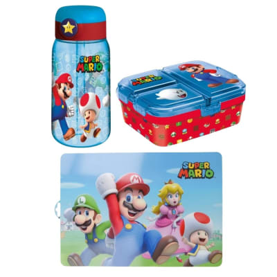 Pack Escolar Mario Bros Tomatodo Botella con Cañita 510ml + Taper Multiple XL + Individual1