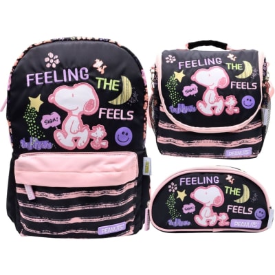 Pack Escolar Mochila Snoopy Negro Rosa Oficio1