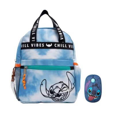 Pack Mini Mochila Stitch Celeste + Mouse Inalambrico Stitch Disney1