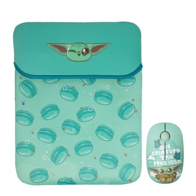 Mouse Inalambrico + Funda para Laptop Reversible Star Wars Baby Yoda Neopreno 15 - 16 pulgadas Mod 11
