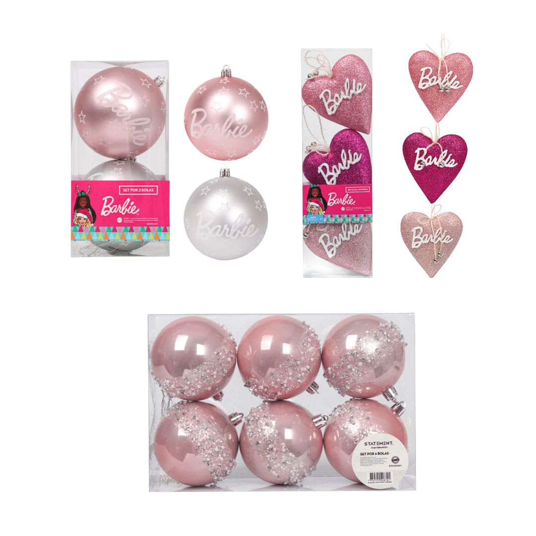 Tripack Decoración Navidad Barbie con 2 Bolas 10 cm + 6 Bolas 8 cm + 2 Corazones 12 cm 0