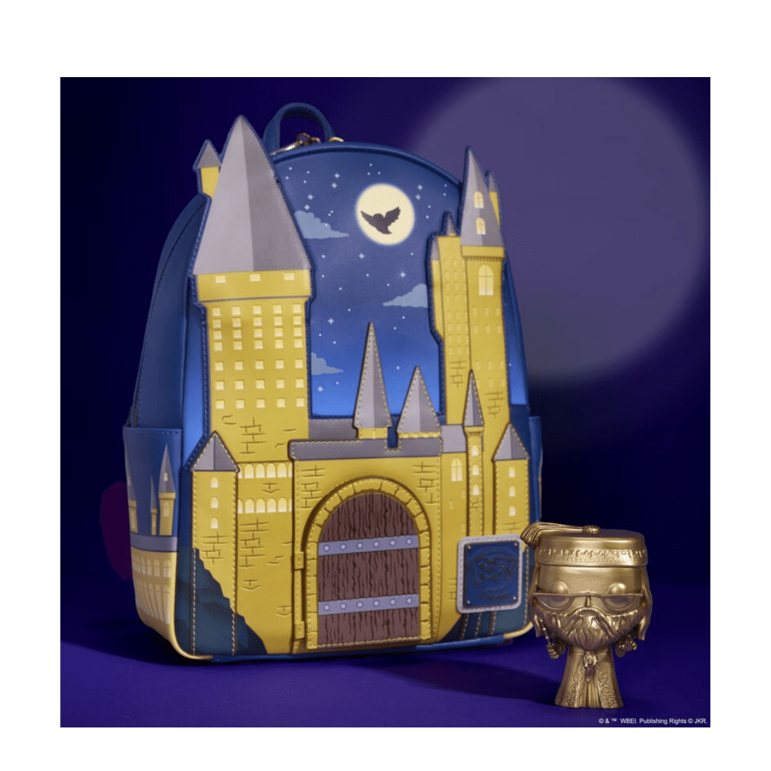 Mochila Loungefly Castillo Hogwarts Harry Potter Edición limitada con Funko Dorado Dumbledore3