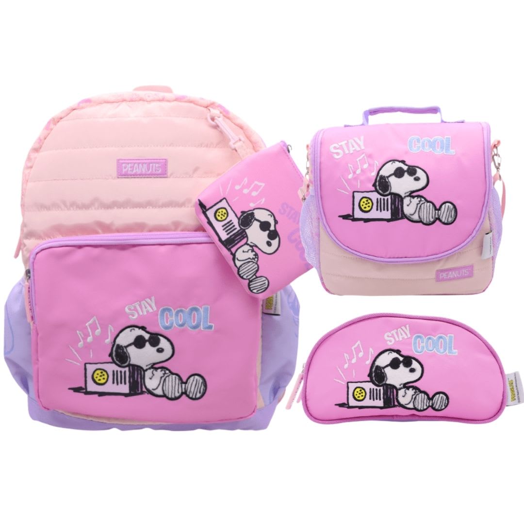 Mochila Oficio + Lonchera + Cartuchera Snoopy Rosado Juvenil 0