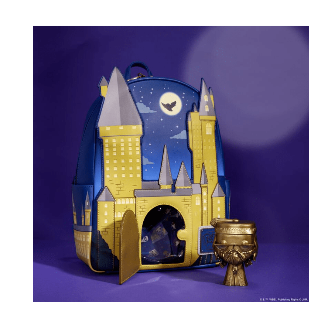 Mochila Loungefly Castillo Hogwarts Harry Potter Edición limitada con Funko Dorado Dumbledore4