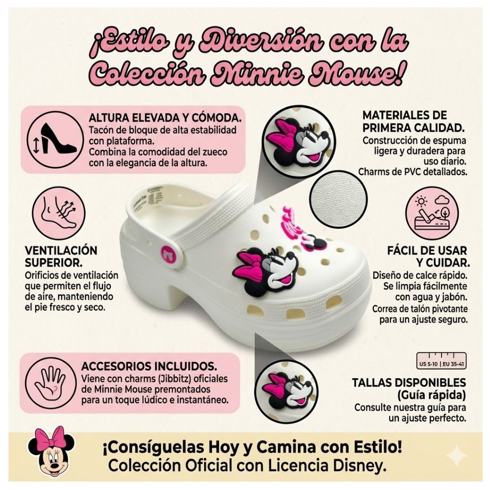 Sandalias Clog Mujer Plataforma Minnie Mouse Beige2
