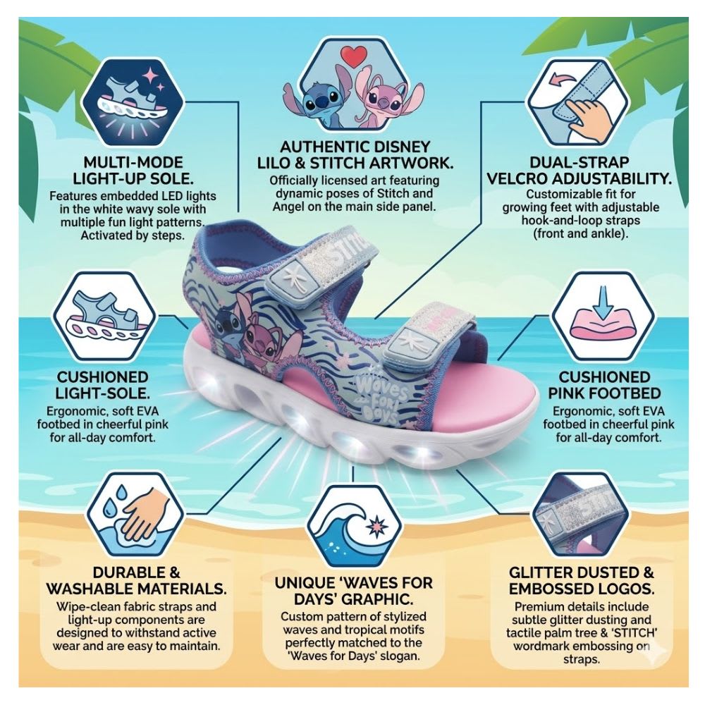 Sandalias Playera Niña Stitch Angel Azul Luces2