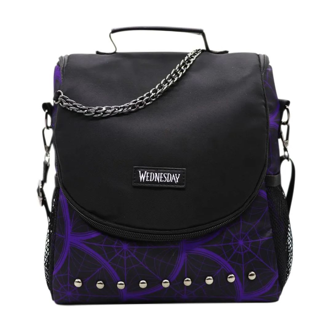 Mochila Oficio + Lonchera + Cartuchera Merlina Addams Morado3