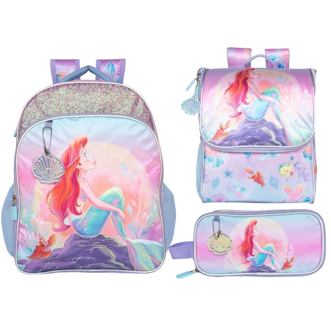 Pack Escolar Mochila Princesa Ariel La Sirenita Rosado Oficio1