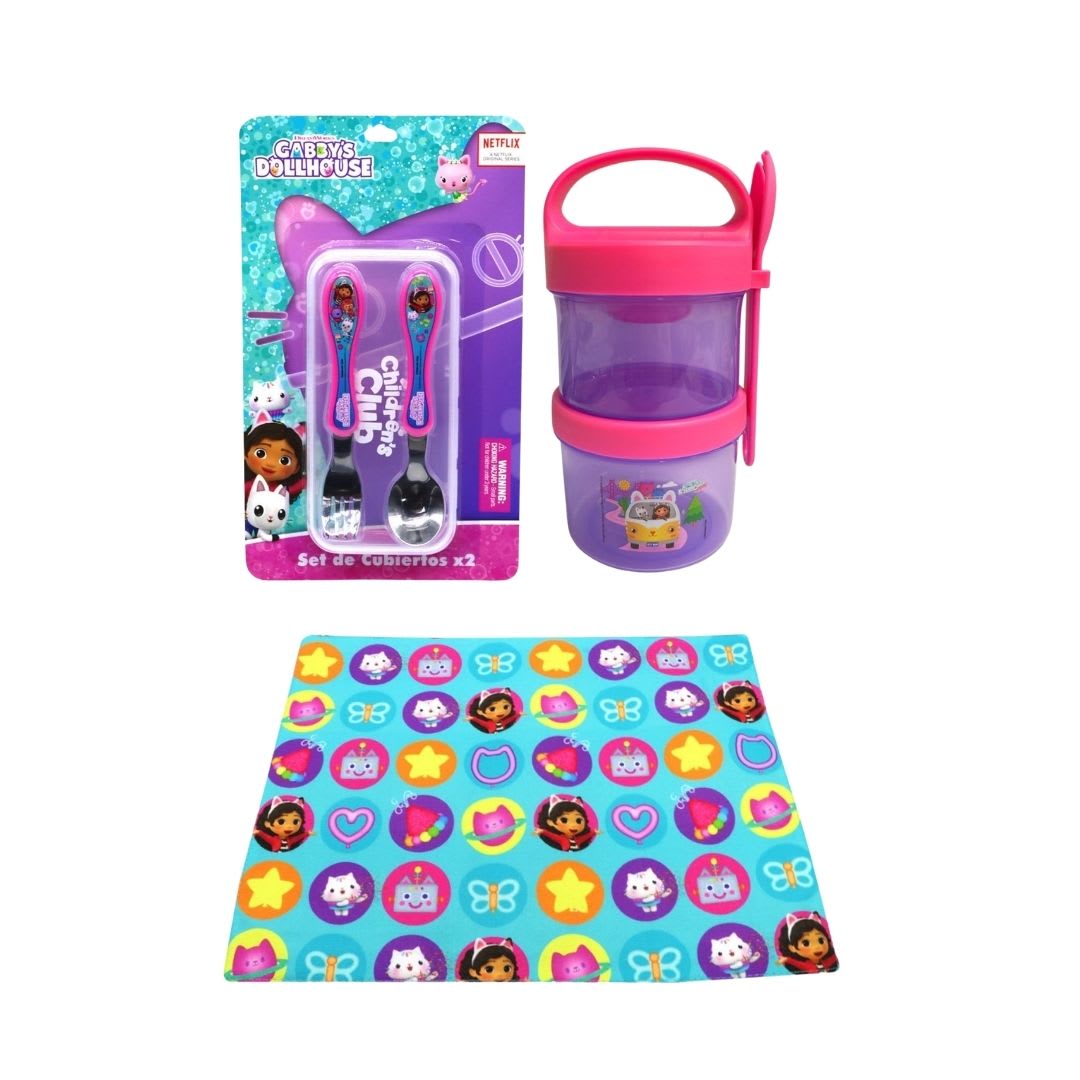 Pack Escolar Gabby Dollhouse Cubiertos + Individual + Taper Snack 0