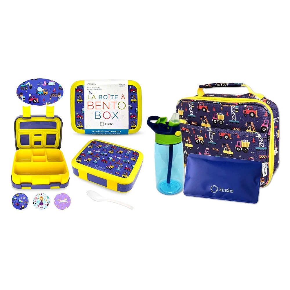 Kinsho Kids Bento Lunch Box Ÿ?? 5-Compartment Portion Control Snack Container, Aqua Cat & Mermaid Design