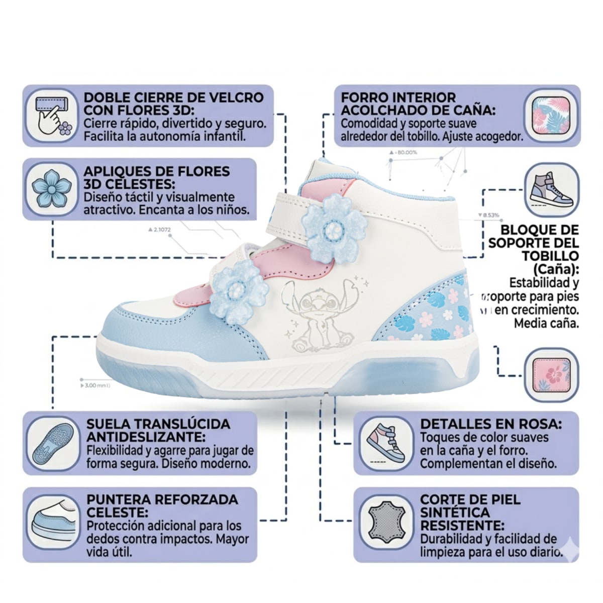 Zapatillas Botin Niña Casual Stitch Pastel Con Luces2