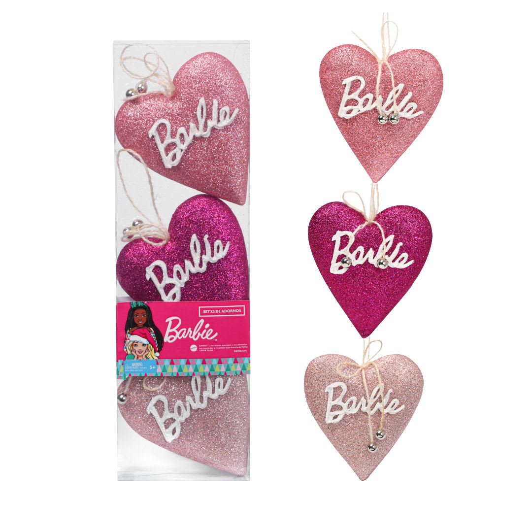 Tripack Decoración Navidad Barbie con 2 Bolas 10 cm + 6 Bolas 8 cm + 2 Corazones 12 cm4