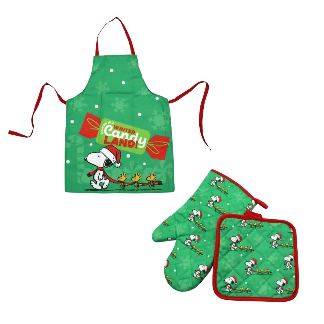 Pack de Cocina Snoopy Verde con Guante y Toma Olla + Mandil Delantal Adulto 60x80 cm 0