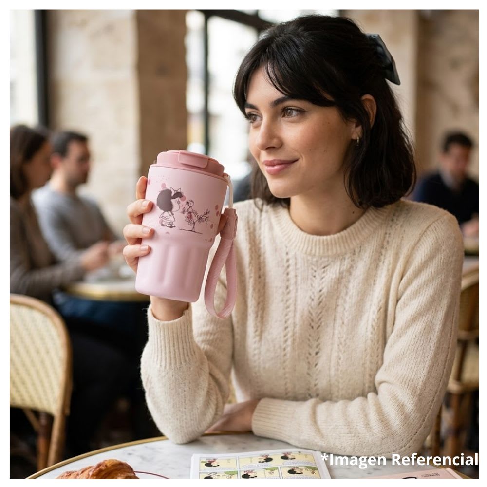 Mug Vaso Acero Termico Mafalda Con Correa Rosado 360 ML5