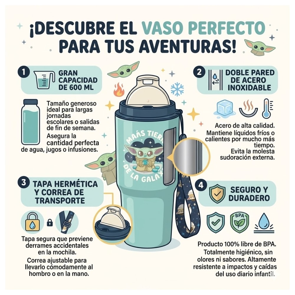Mug Vaso Acero Termico Grogu Baby Yoda Star Wars Con Correa Keep 600 ML2
