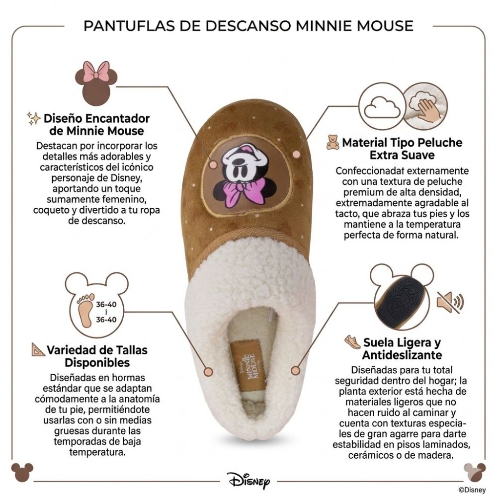 Pantuflas Peluche Mujer Minnie Mouse Marron2