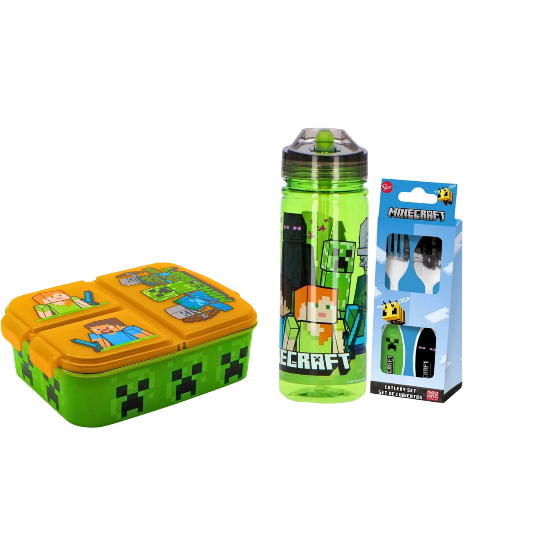 Pack Tomatodo 580 ml + Taper Lonchera + Cubiertos Minecraft modelo 4 0